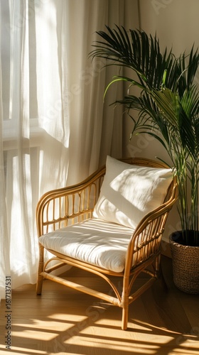 Sunlight streams into a room, illuminating a light beige wicker armchair.  A lush palm plant sits beside it
