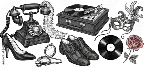 Vintage glamour collection with record player, mask, and rose