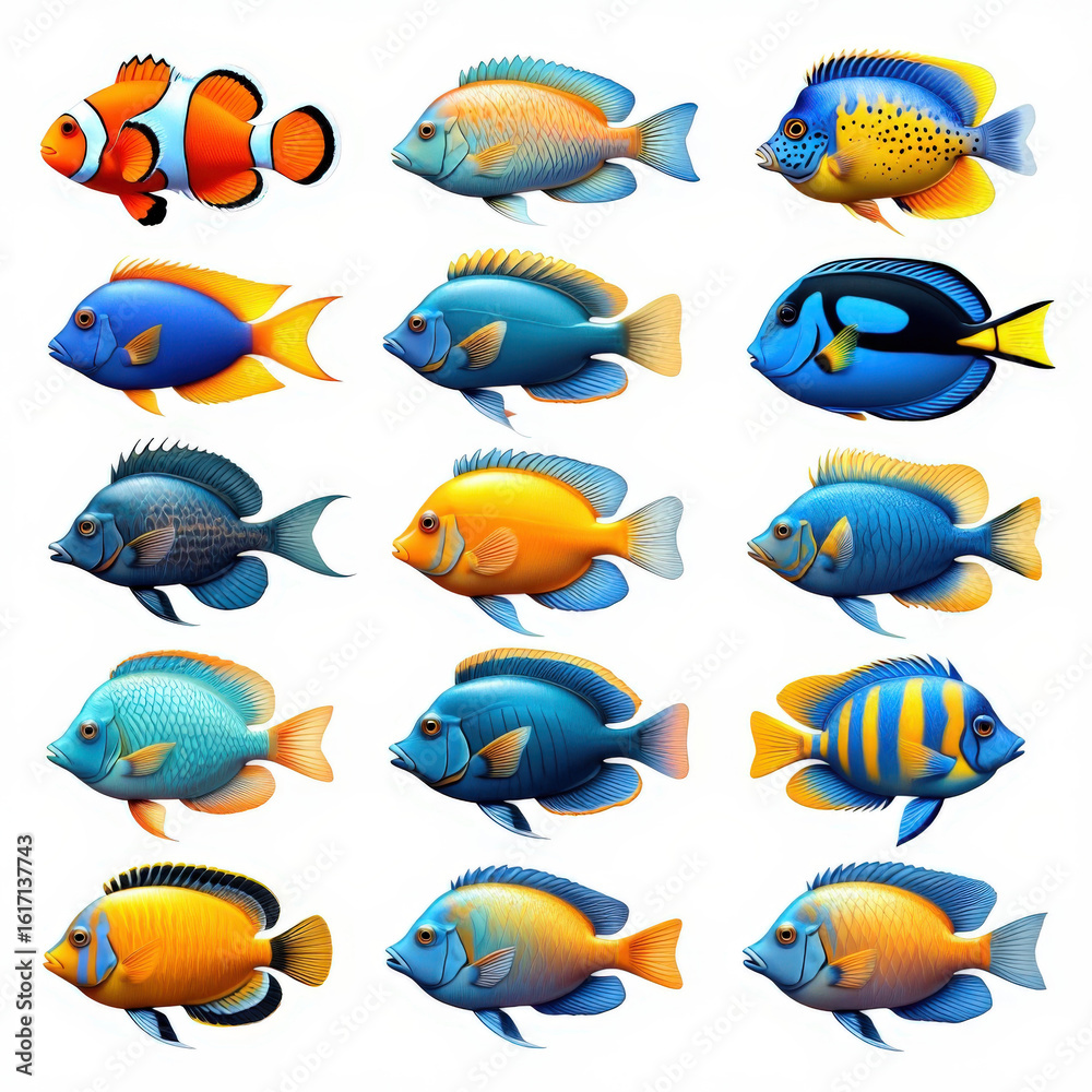 Fototapeta premium Diverse Collection of Colorful Tropical Fish Displaying Aquatic Biodiversity and Marine Life in a Vibrant Array of Shapes and Patterns Against White Backdrop