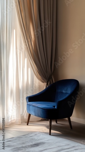 Sunlight streams through sheer drapes illuminating a plush blue armchair