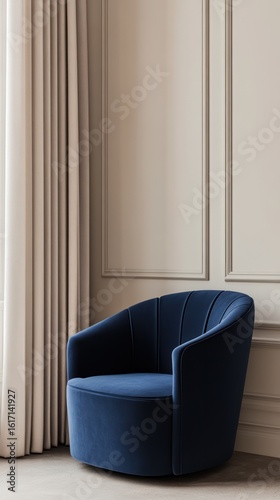 Stylish navy blue velvet armchair in a light beige room