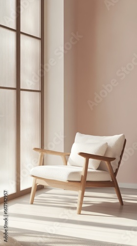 A light-filled corner with a single wooden armchair