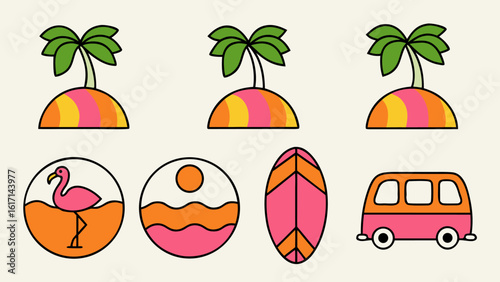 Vibrant tropical beach and surf scene featuring palm trees ocean waves and sunny skies perfect for summer holiday and coastal lifestyle designs
