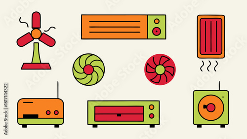 Comprehensive collection of climate control symbols featuring cooling fans air circulation and gentle breezes for modern design applications