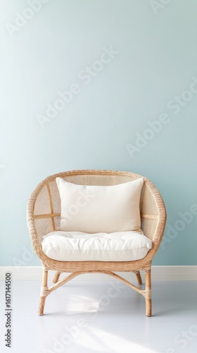 Light-colored wicker armchair against a pastel teal wall