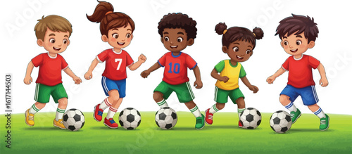 Diverse happy children playing soccer together on a sunny green field