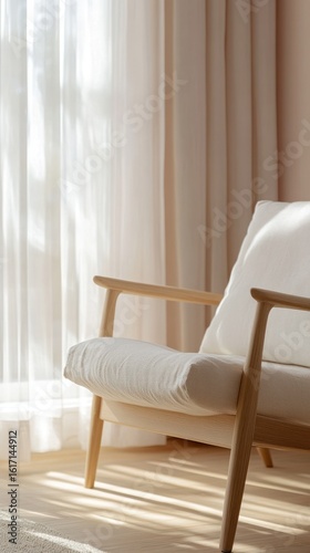 Sunlight streams through sheer curtains onto a light wooden armchair