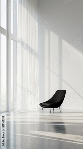 Sleek, modern interior with black lounge chair and large windows