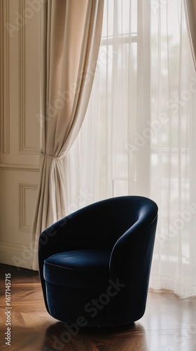 Elegant navy blue armchair in a sunlit room