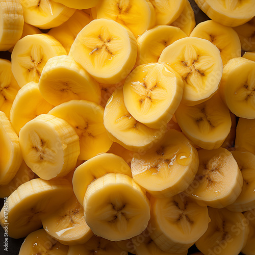 Close-up top-view flatlay image filled with thin banana slices