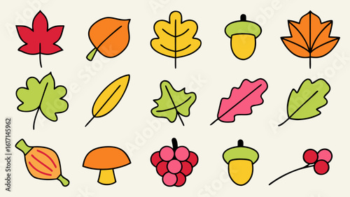 Charming crayon drawn autumn elements collection featuring cute nature motifs for children s designs and seasonal decor