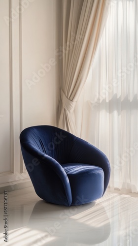 Modern, plush blue armchair in a sunlit room