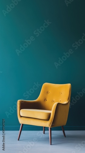 Mustard-yellow armchair against teal wall