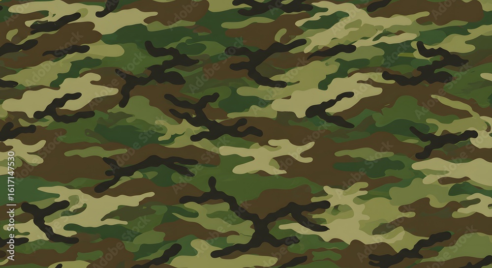 Camouflage Pattern: An eye-level view displays a classic camouflage pattern, a seamless blend of earthy greens and browns in a naturalistic pattern.