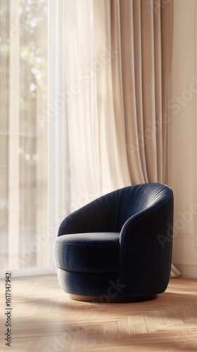 A deep navy blue, curved armchair in a sunlit room