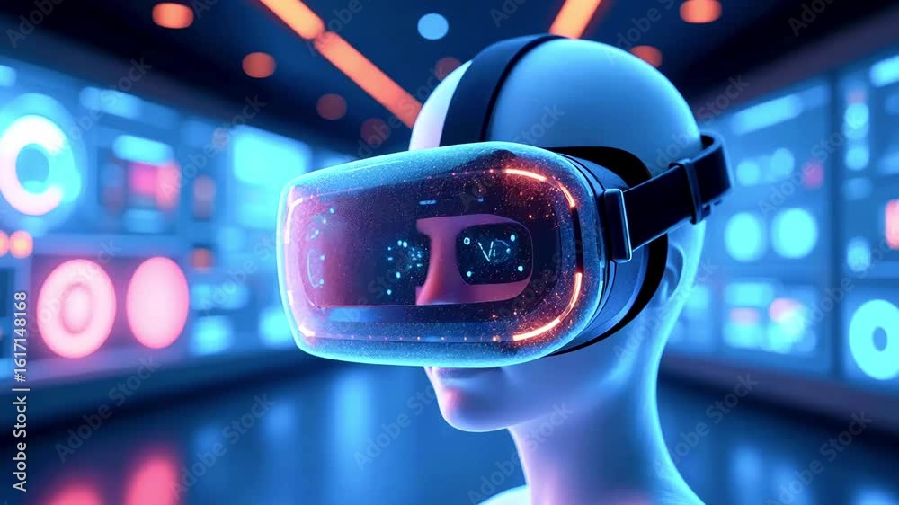 Futuristic virtual reality headset worn by a humanoid figure in a high ...