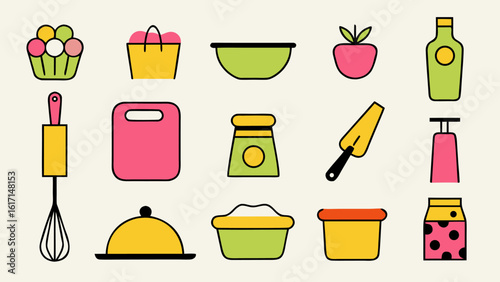 Comprehensive collection of baking tools utensils and essential ingredients for culinary creations and kitchen preparations