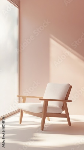 A minimalist, light-filled room with a single wooden chair