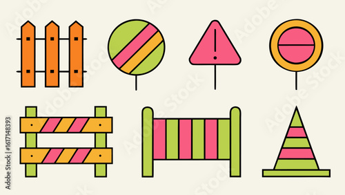 Graphic representation of a stop sign with a barrier or obstruction featuring a striped pattern for clear visual communication of danger or prohibition