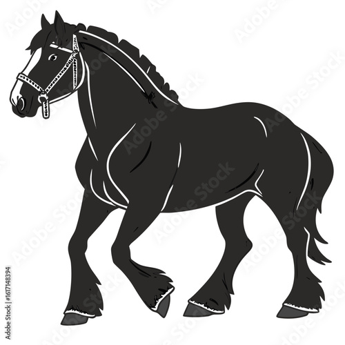 Black shire horse with bridle in silhouette style