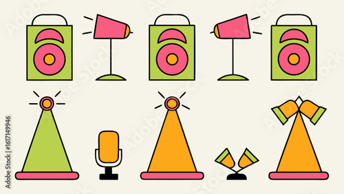 Comprehensive collection of monochrome and colorful audio visual stage performance equipment symbols for event production and entertainment industry applications