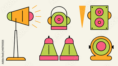 Collection of monochrome stage and sound equipment graphics featuring audio gear lighting fixtures and performance elements for concerts and events