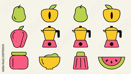 Collection of kitchen appliance symbols in outline and full color styles for culinary and home design projects