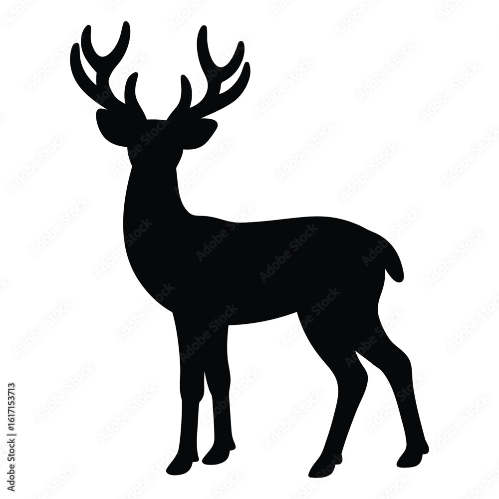 Fototapeta premium Black silhouette of a stag with large antlers standing on a white background deer 2