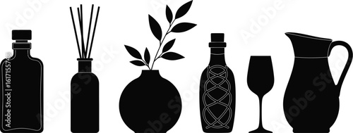Elegant bottle, diffuser, vase, wine glass, and pitcher silhouettes for decor