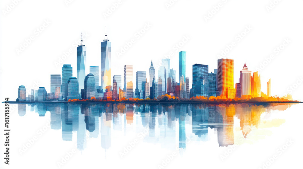 Fototapeta premium ityscape With Skyscrapers At The Waterfront isolated On A white Background