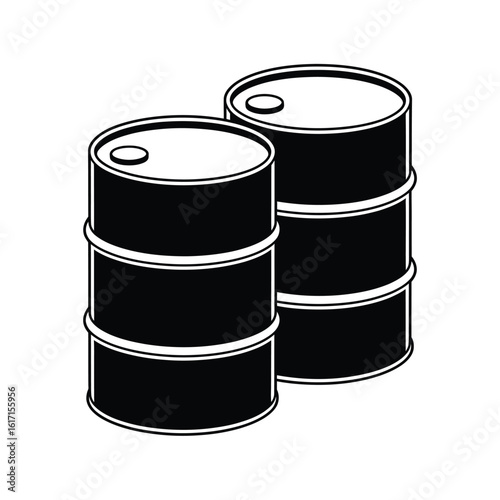 Two black oil barrels stacked side by side with a white background