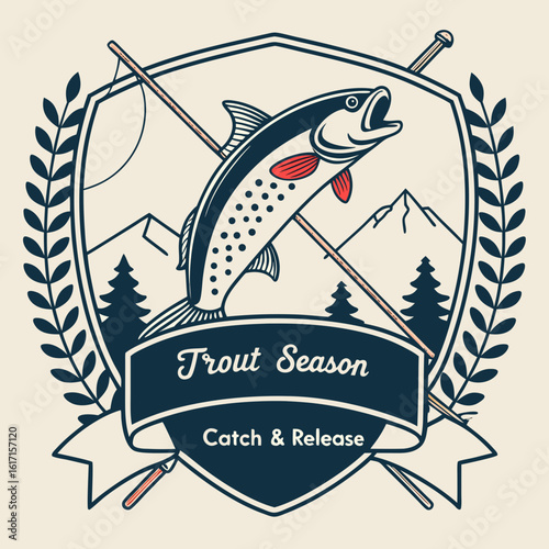 "Vintage-style vector emblem featuring a dynamic rainbow trout (Oncorhynchus mykiss) leaping from water. Includes fishing rods crossed behind a shield, detailed banner with customizable text such as '