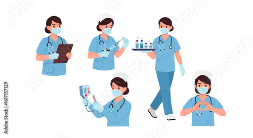 Collection of female nurse characters in blue uniform and face mask performing various medical duties. Vector illustration set isolated on white.