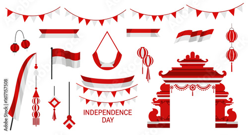 Indonesian Independence Day graphic set. A collection of celebratory symbols, flags, and ornaments in red and white.