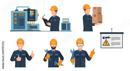 Professional industrial engineer and factory worker characters set. A concept of manufacturing, labor, and workplace safety with equipment operators and technicians.
