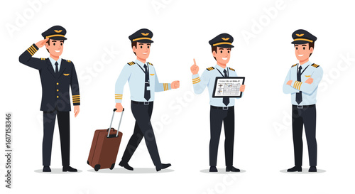 Airline pilot character set in various poses and actions. Professional aviator in uniform saluting, walking with luggage, and holding a clipboard.