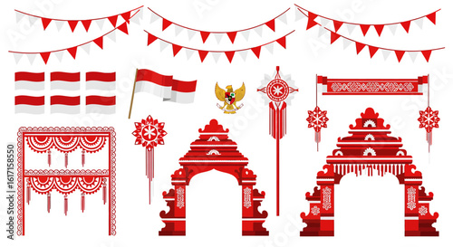 Indonesian national day decoration set. Vector elements of flags, traditional architecture, and festive bunting.