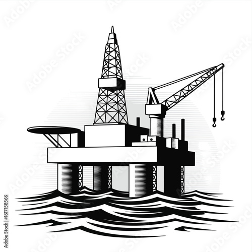 Illustration of an offshore oil rig with a crane in the ocean