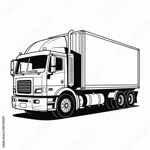 Detailed line art illustration of a semi truck and trailer