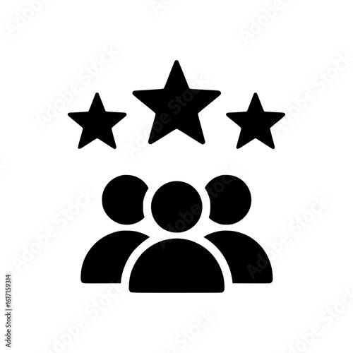 Solid black icon of a group of people with three stars above them symbolizing feedback