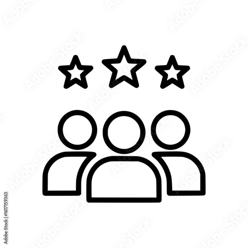 Outline icon of a group of people with three stars above them symbolizing feedback
