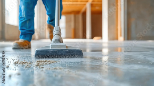 Wallpaper Mural worker cleaning a floor with a vacuum, demonstrating cleanliness and attention to detail in a construction site Torontodigital.ca