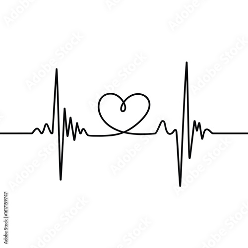Continuous line drawing of a heartbeat with a heart symbol