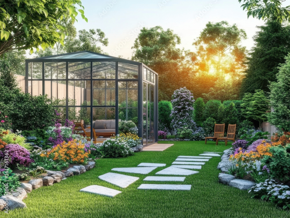 Naklejka premium Luxury colorful backyard garden with glasshouse 3d render there are green lawn