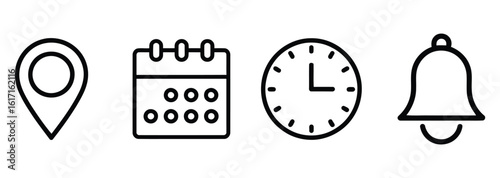 Location, Calendar, Clock, and Bell Icons: Navigation, Scheduling, Time, and Reminder Symbols