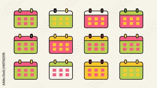 Comprehensive collection of calendar and date related graphic elements for planning scheduling and time management purposes