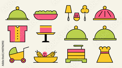 Comprehensive collection of catering and food service symbols for event planning featuring culinary hospitality and celebration elements in a clean modern graphic style