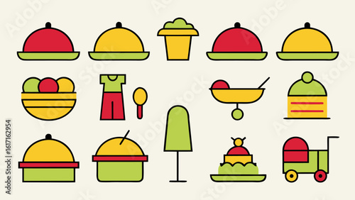 Comprehensive collection of food service and event planning symbols featuring culinary and hospitality elements for professional use