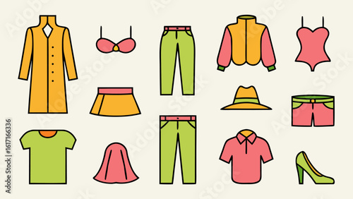 Comprehensive collection of apparel and style symbols for diverse design applications featuring classic and modern garments