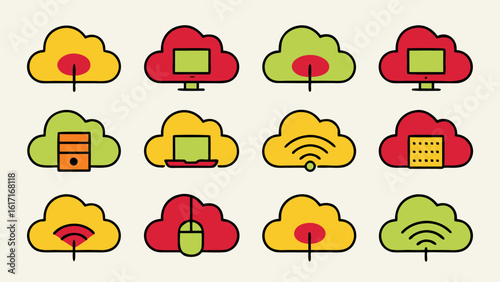 Vibrant color glyphs representing cloud computing and network connectivity ideal for digital platforms and technology concepts
